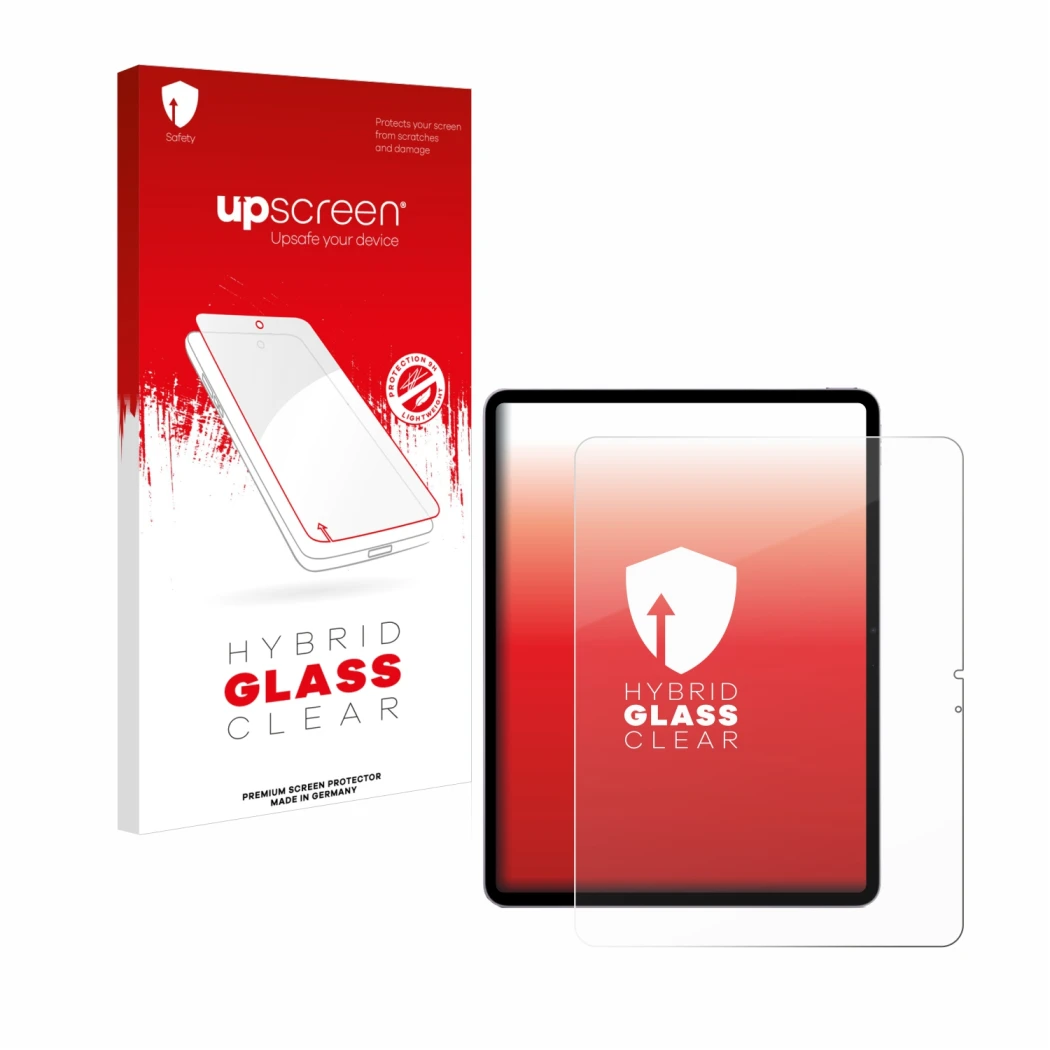 Parte frontal de un envase de producto con el logotipo de la marca upscreen. Al lado se muestra el dispositivo Apple iPad Air 