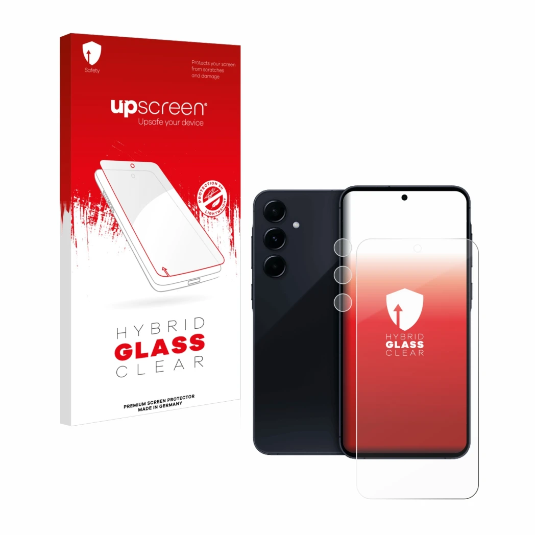 Parte frontal de un envase de producto con el logotipo de la marca upscreen. Al lado se muestra el dispositivo Samsung Galaxy 