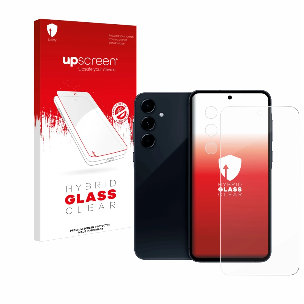 Parte frontal de un envase de producto con el logotipo de la marca upscreen. Al lado se muestra el dispositivo Samsung Galaxy 