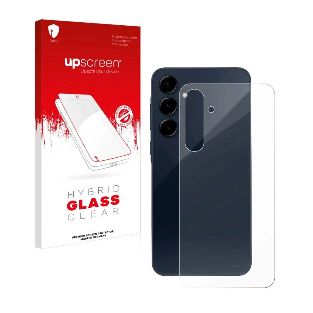 Parte frontal de un envase de producto con el logotipo de la marca upscreen. Al lado se muestra el dispositivo Samsung Galaxy