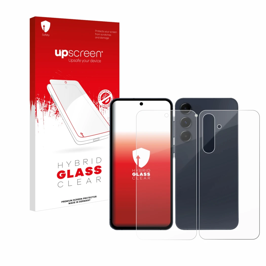 Parte frontal de un envase de producto con el logotipo de la marca upscreen. Al lado se muestra el dispositivo Samsung Galaxy 