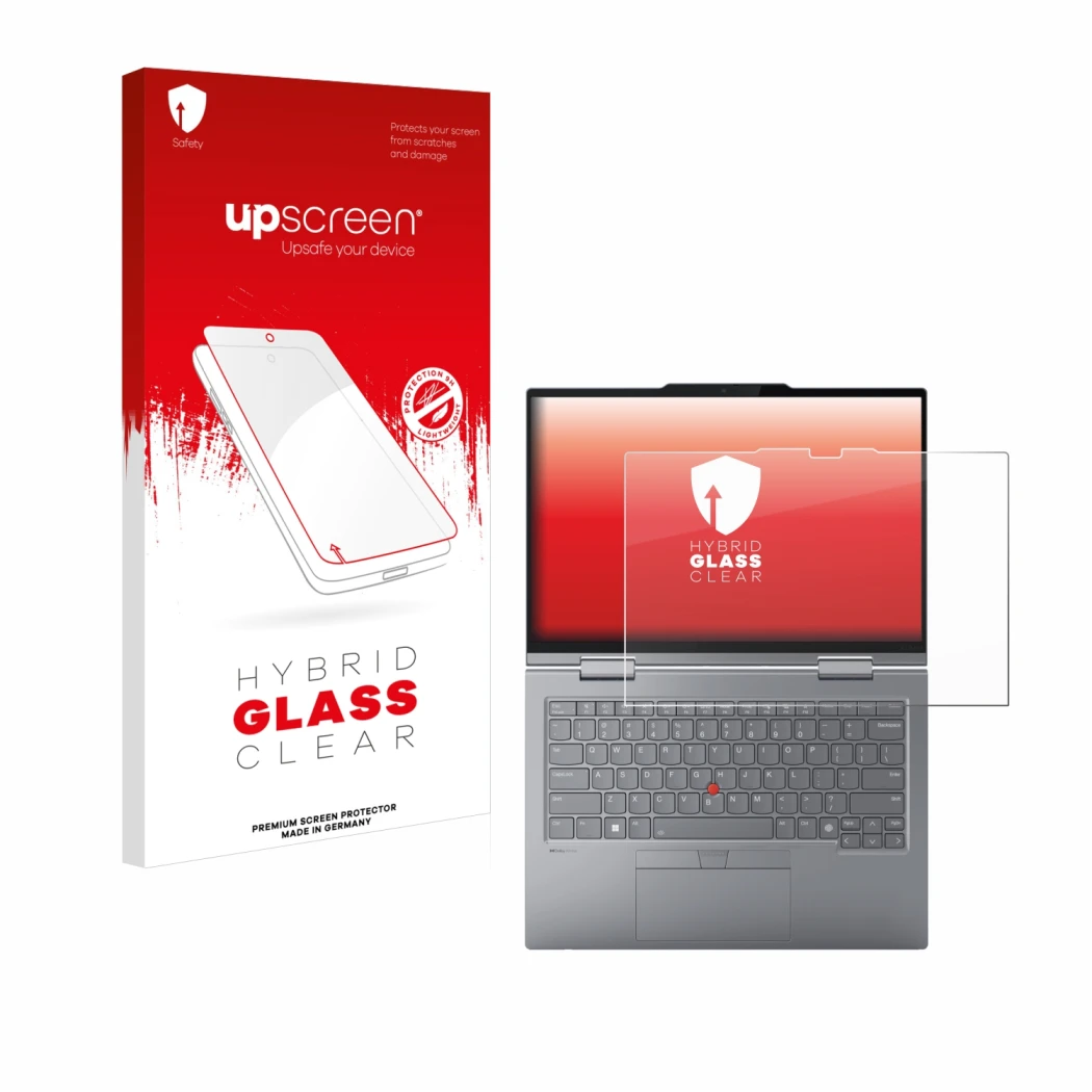 Parte frontal de un envase de producto con el logotipo de la marca upscreen. Al lado se muestra el dispositivo Lenovo ThinkPad