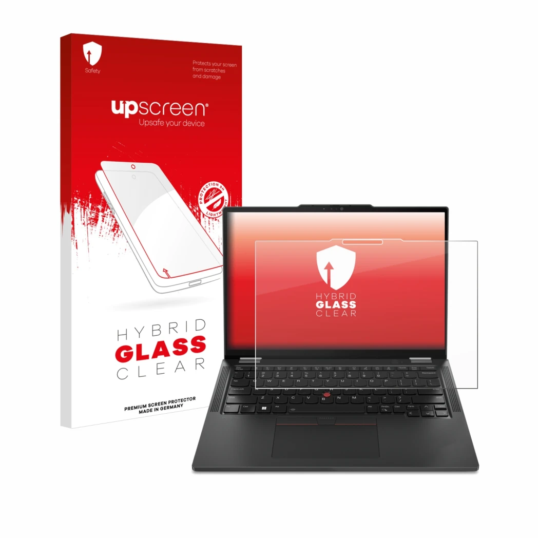 Parte frontal de un envase de producto con el logotipo de la marca upscreen. Al lado se muestra el dispositivo Lenovo ThinkPad