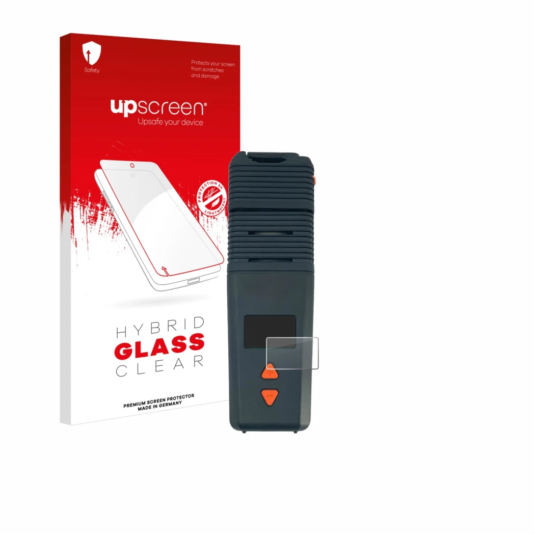 Parte frontal de un envase de producto con el logotipo de la marca upscreen. Al lado se muestra el dispositivo Storz & Bickel 