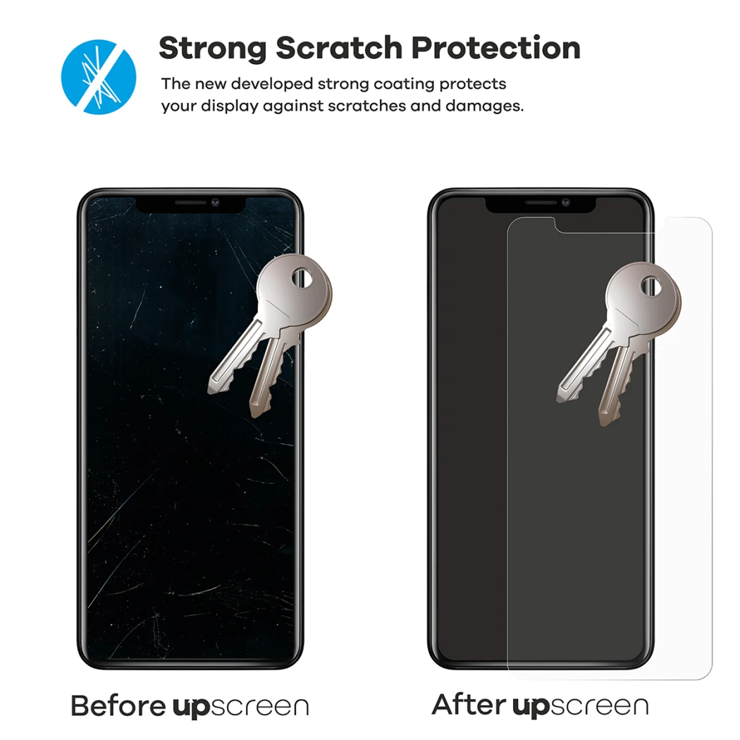 2 smartphones – uno con upscreen, otro sin. Cada uno está acompañado por 2 llaves. El smartphone sin upscreen está muy rayado,