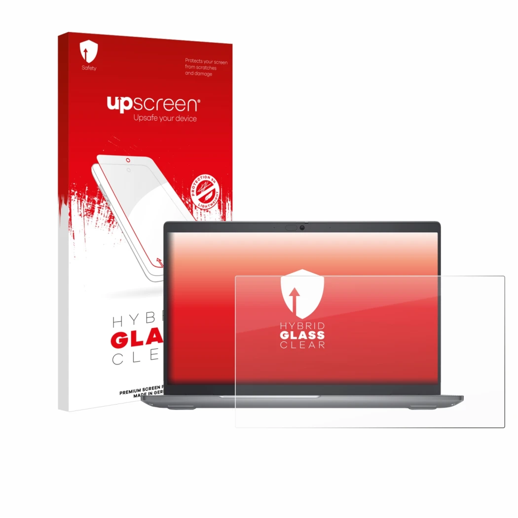 Parte frontal de un envase de producto con el logotipo de la marca upscreen. Al lado se muestra el dispositivo Dell Latitude 5