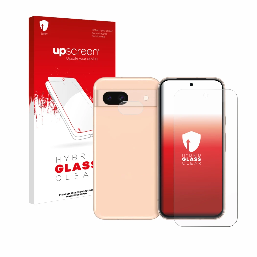 Parte frontal de un envase de producto con el logotipo de la marca upscreen. Al lado se muestra el dispositivo Google Pixel 8a