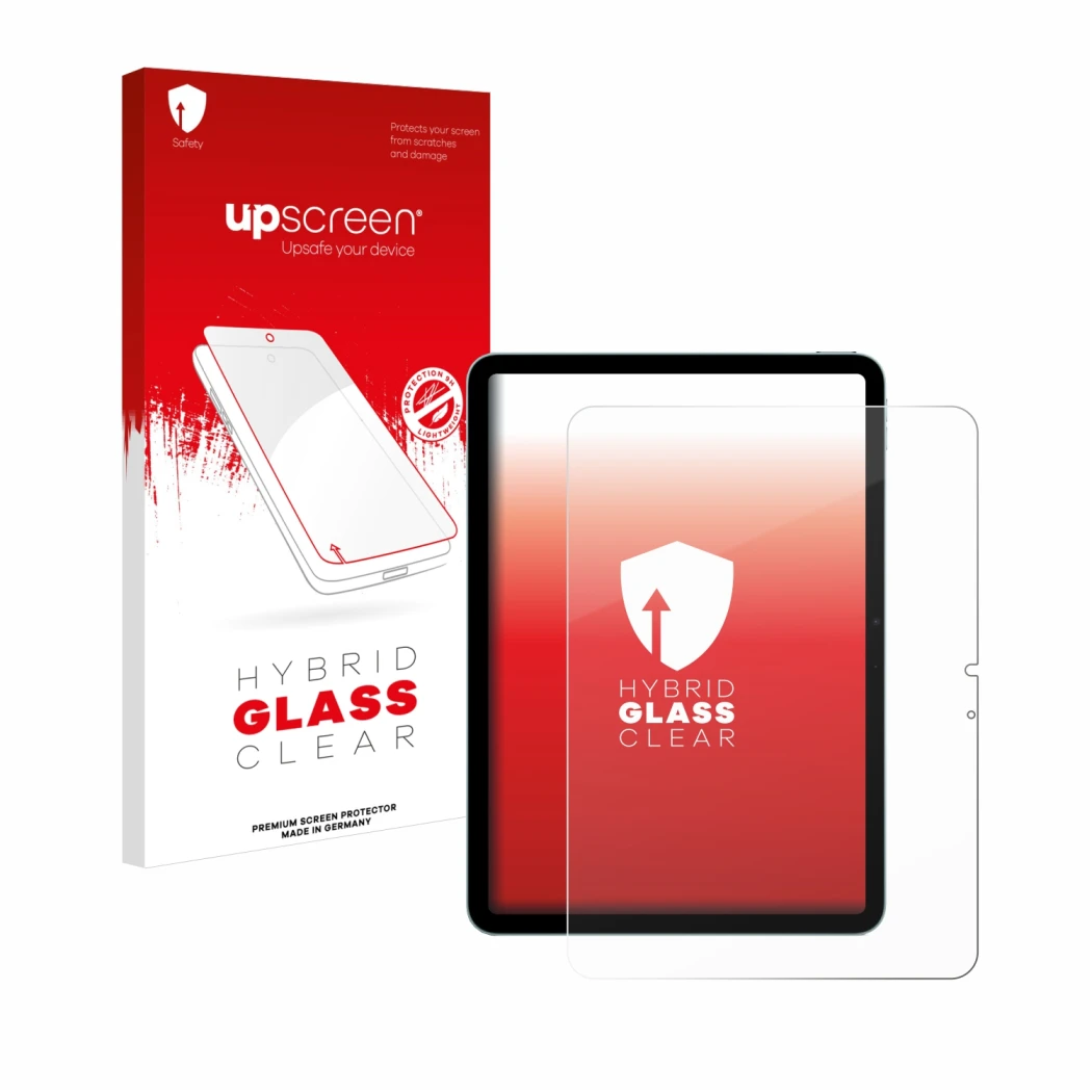 Parte frontal de un envase de producto con el logotipo de la marca upscreen. Al lado se muestra el dispositivo Apple iPad Air 