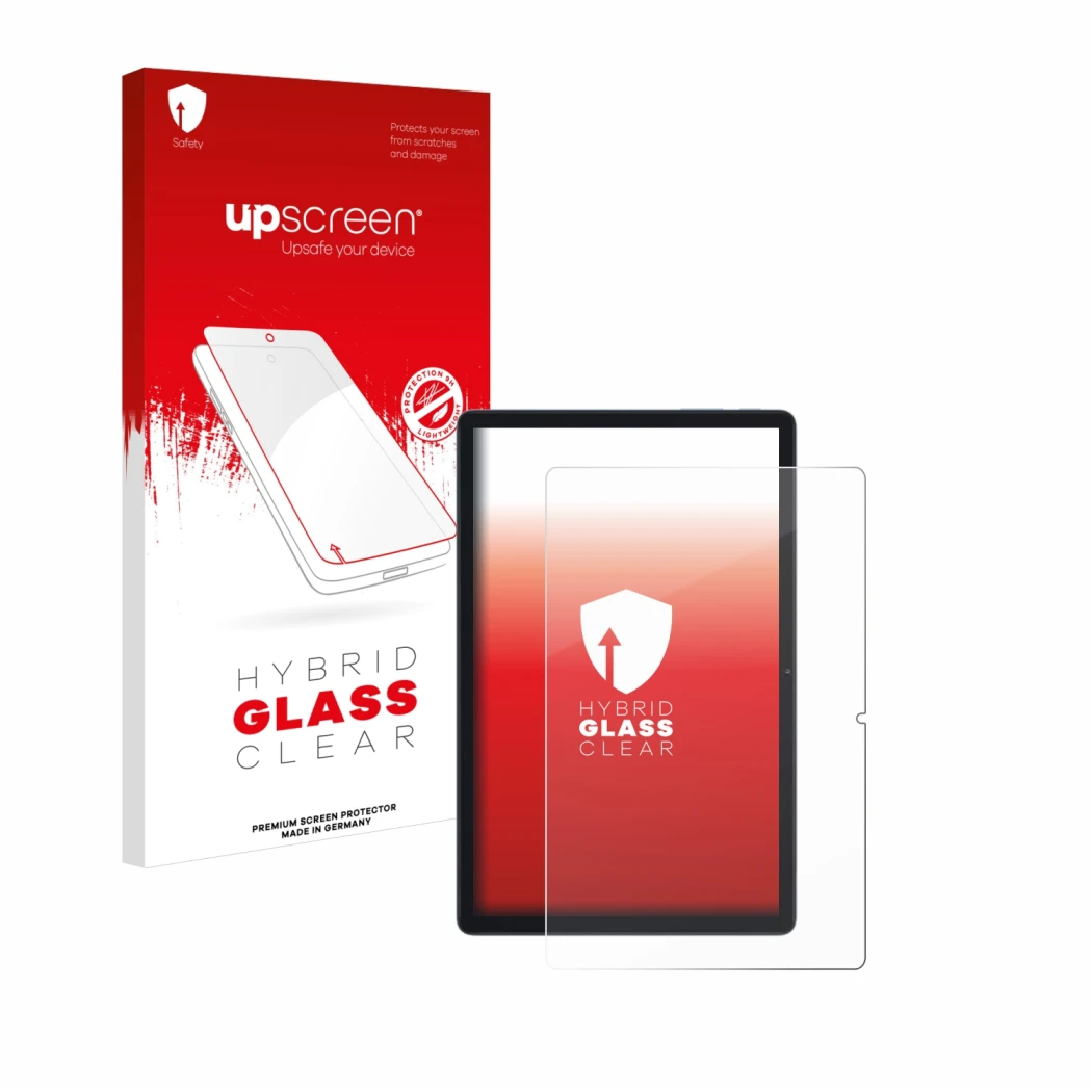 Parte frontal de un envase de producto con el logotipo de la marca upscreen. Al lado se muestra el dispositivo Blackview Tab 8