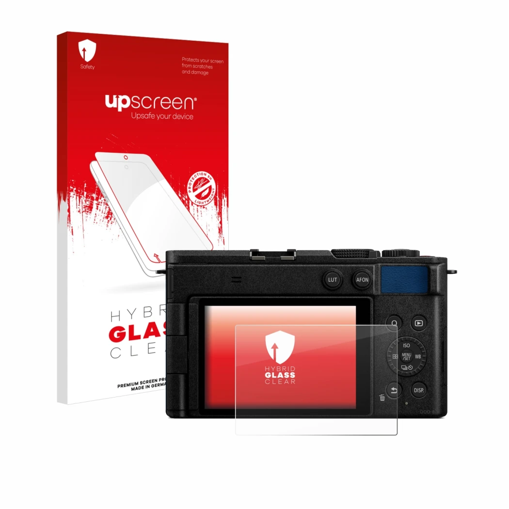 Parte frontal de un envase de producto con el logotipo de la marca upscreen. Al lado se muestra el dispositivo Panasonic Lumix