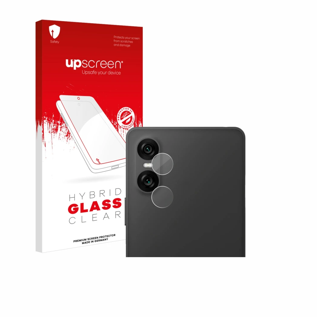 Parte frontal de un envase de producto con el logotipo de la marca upscreen. Al lado se muestra el dispositivo Sony Xperia 10 