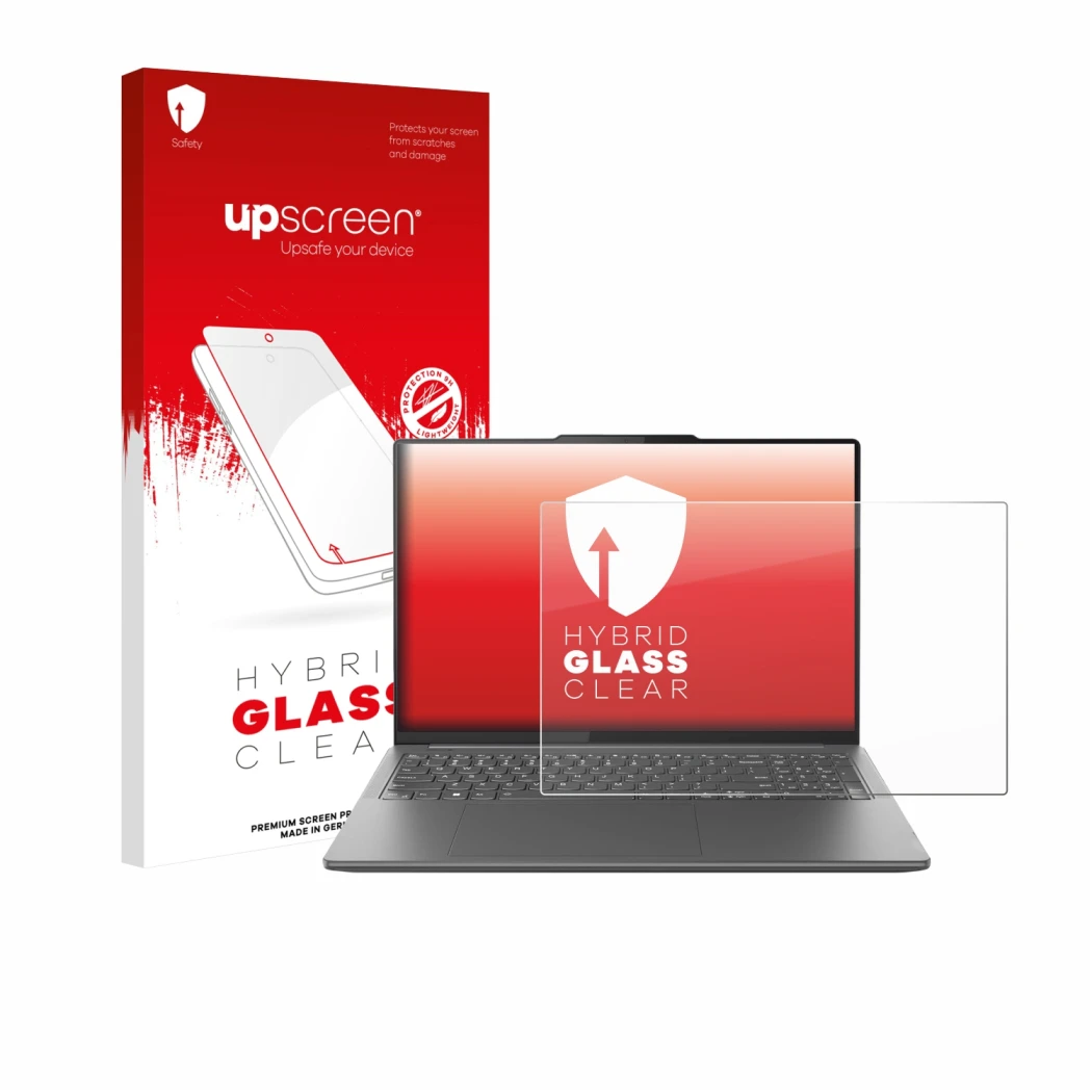Parte frontal de un envase de producto con el logotipo de la marca upscreen. Al lado se muestra el dispositivo Lenovo Yoga Pro