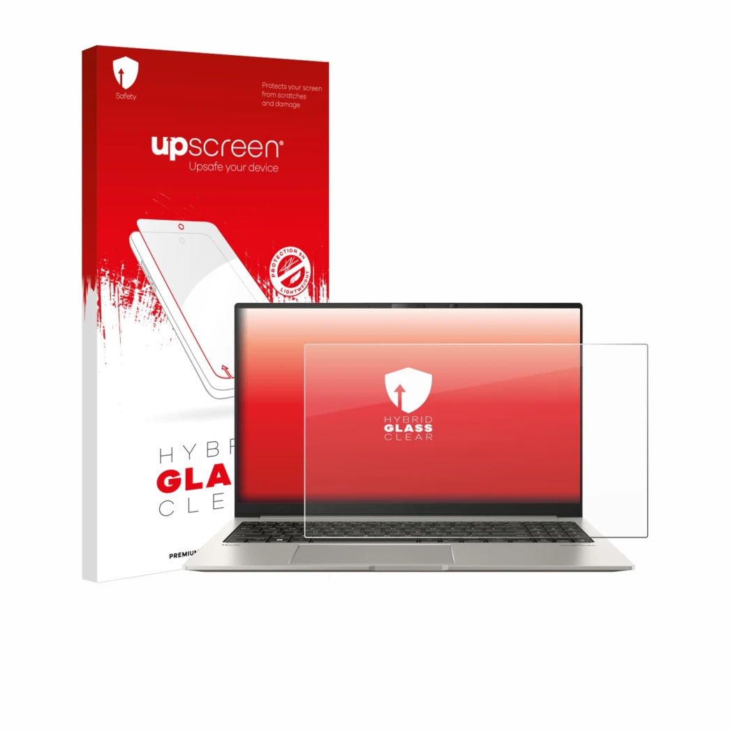Parte frontal de un envase de producto con el logotipo de la marca upscreen. Al lado se muestra el dispositivo ASUS ZenBook 15