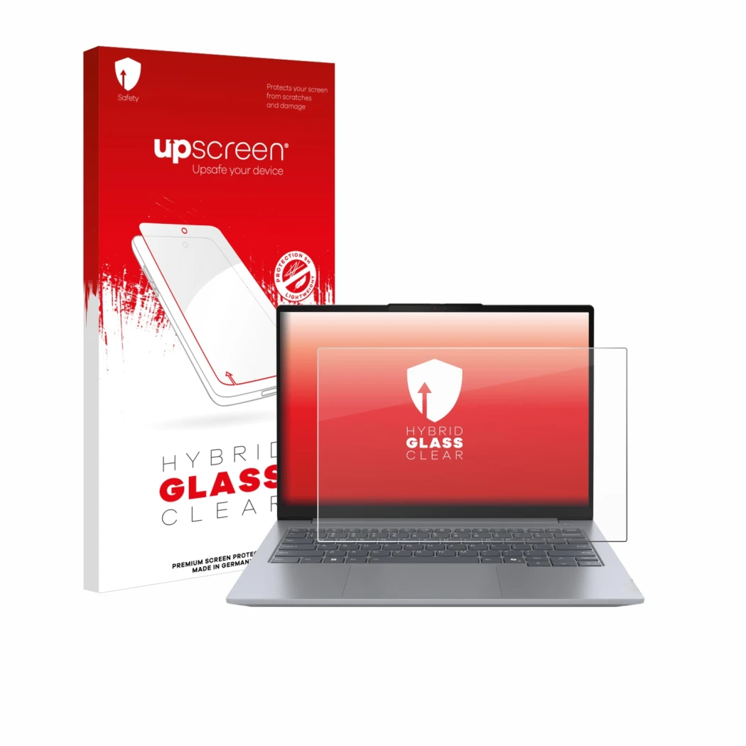 Parte frontal de un envase de producto con el logotipo de la marca upscreen. Al lado se muestra el dispositivo Lenovo ThinkBoo