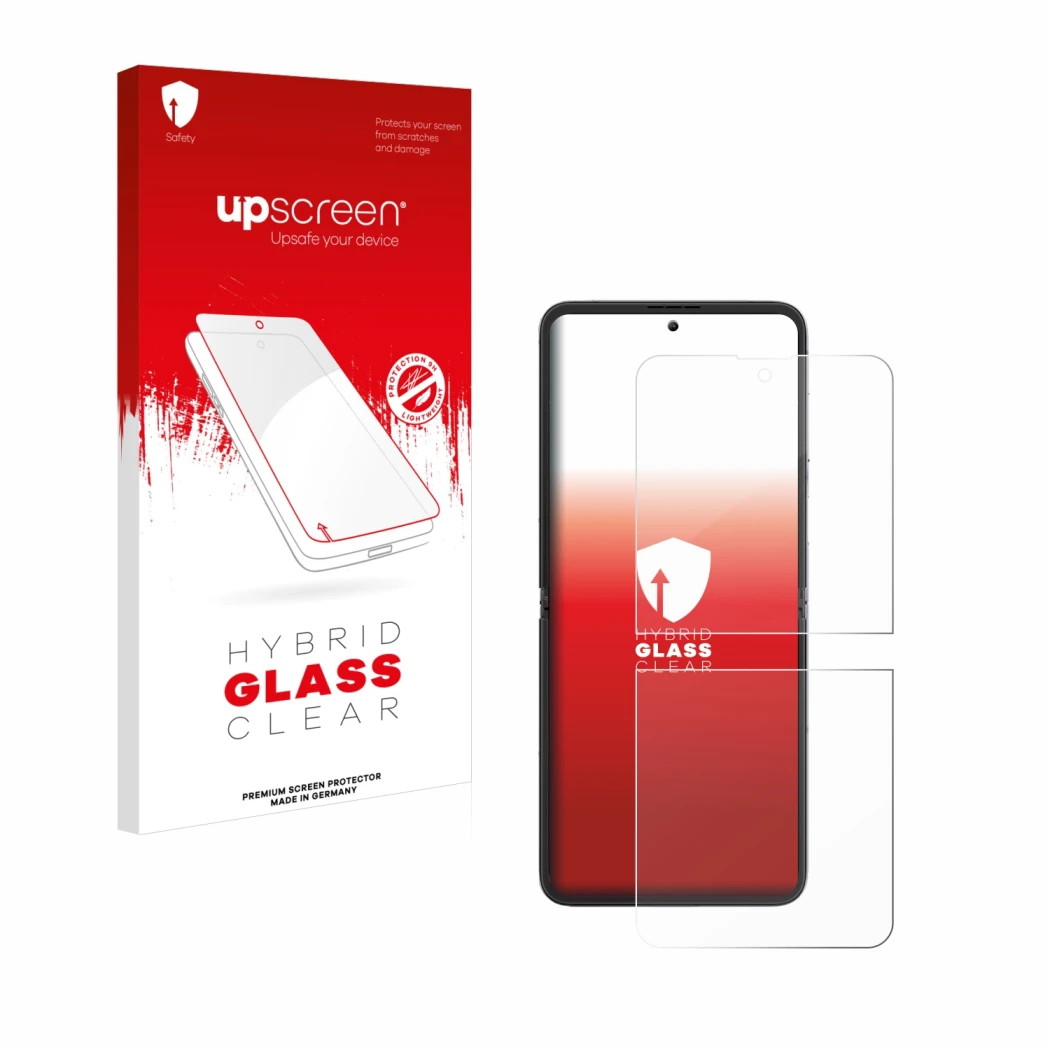 Parte frontal de un envase de producto con el logotipo de la marca upscreen. Al lado se muestra el dispositivo Blackview Hero