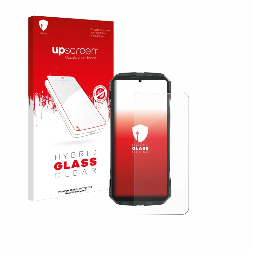 Parte frontal de un envase de producto con el logotipo de la marca upscreen. Al lado se muestra el dispositivo Doogee S Punk c