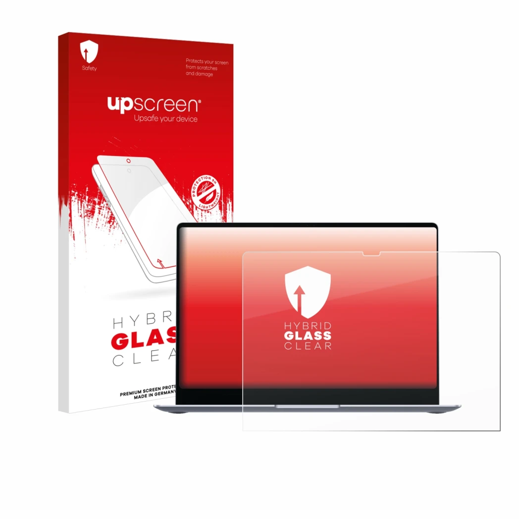 Parte frontal de un envase de producto con el logotipo de la marca upscreen. Al lado se muestra el dispositivo Samsung Galaxy 