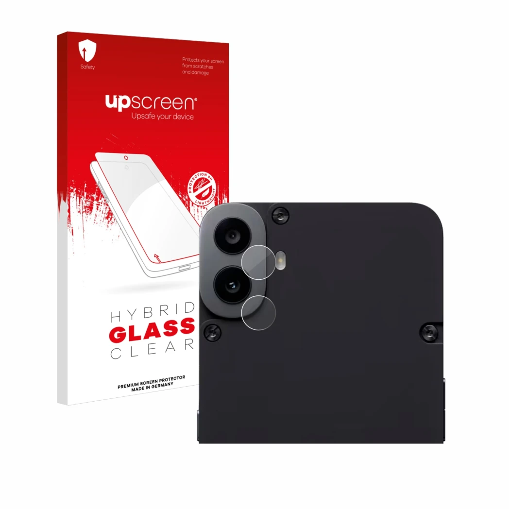 Parte frontal de un envase de producto con el logotipo de la marca upscreen. Al lado se muestra el dispositivo Nothing CMF Pho