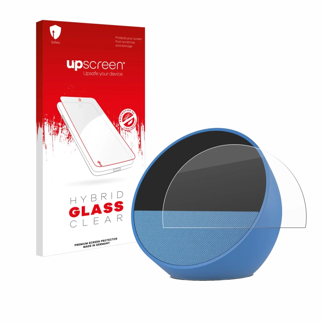 Parte frontal de un envase de producto con el logotipo de la marca upscreen. Al lado se muestra el dispositivo Amazon Echo Spo