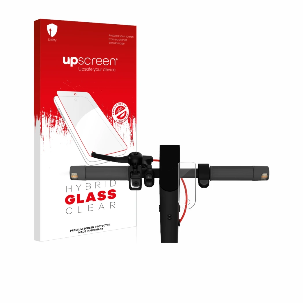 Parte frontal de un envase de producto con el logotipo de la marca upscreen. Al lado se muestra el dispositivo Xiaomi Mi 4 Lit