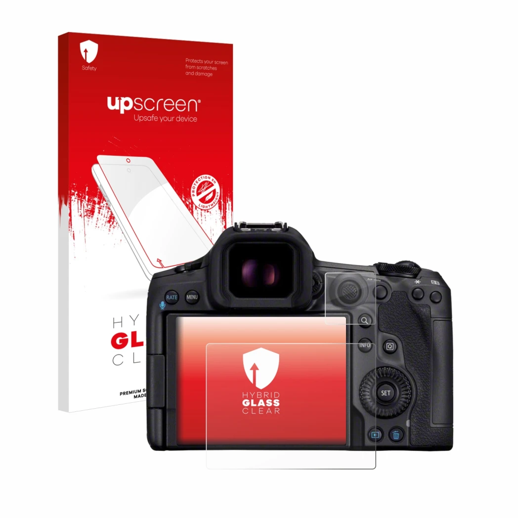 Parte frontal de un envase de producto con el logotipo de la marca upscreen. Al lado se muestra el dispositivo Canon EOS R5 Ma