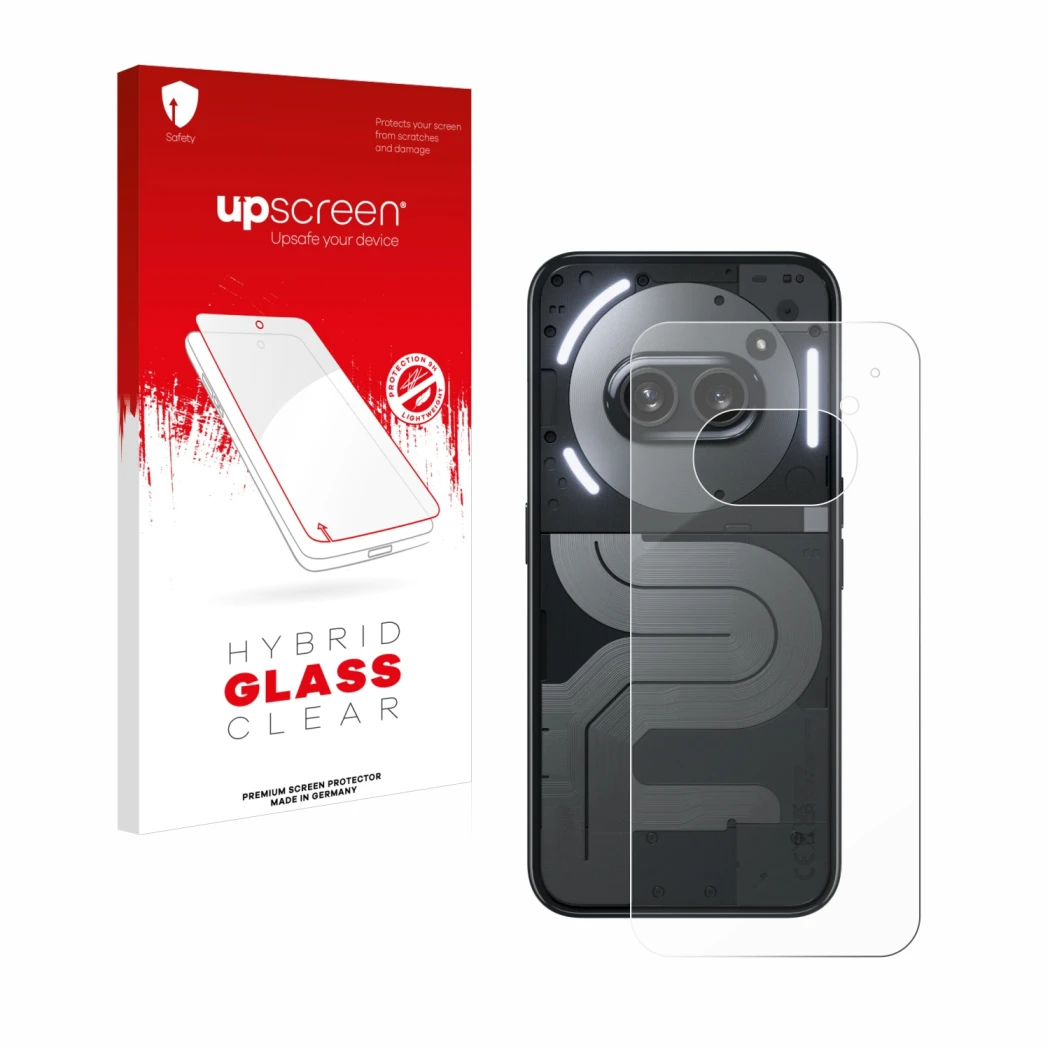 Parte frontal de un envase de producto con el logotipo de la marca upscreen. Al lado se muestra el dispositivo Nothing Phone (