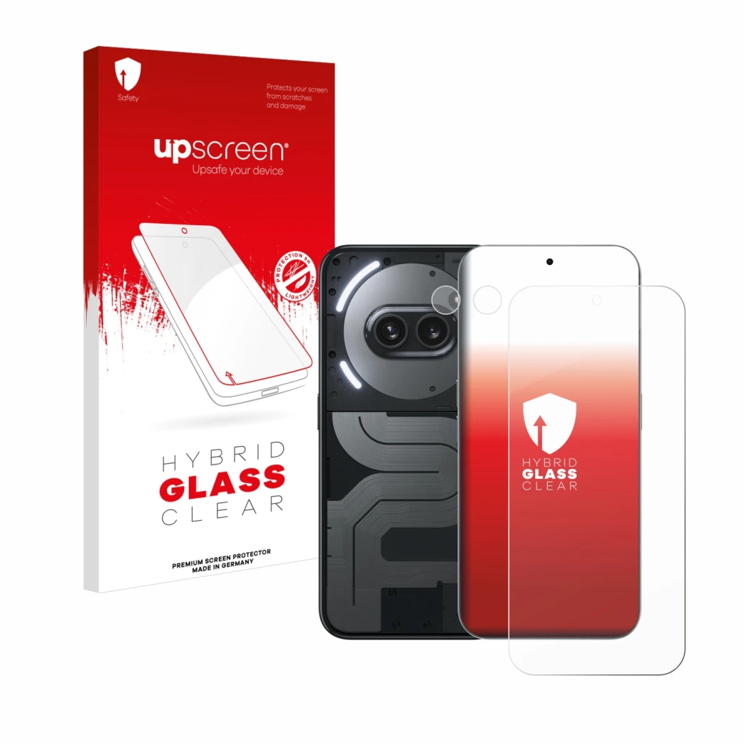 Parte frontal de un envase de producto con el logotipo de la marca upscreen. Al lado se muestra el dispositivo Nothing Phone (
