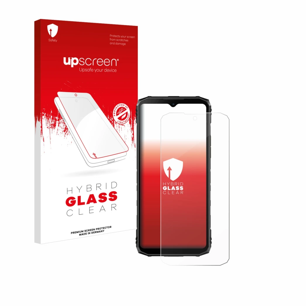 Parte frontal de un envase de producto con el logotipo de la marca upscreen. Al lado se muestra el dispositivo Doogee Blade 10