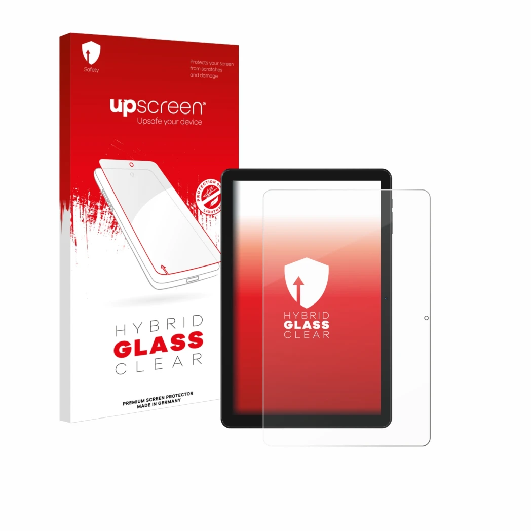 Parte frontal de un envase de producto con el logotipo de la marca upscreen. Al lado se muestra el dispositivo Doogee T10W con