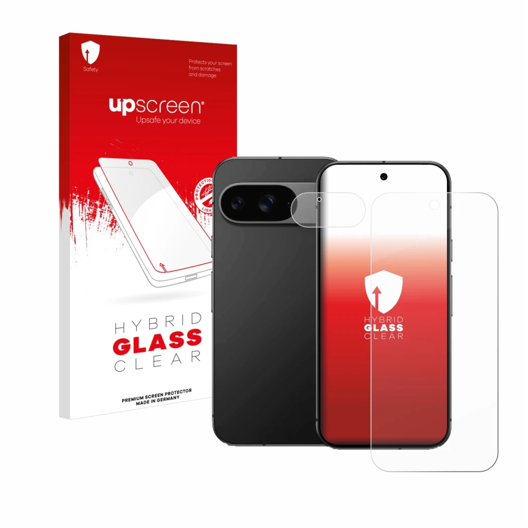 Parte frontal de un envase de producto con el logotipo de la marca upscreen. Al lado se muestra el dispositivo Google Pixel 9 