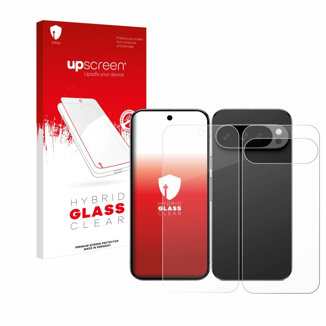 Parte frontal de un envase de producto con el logotipo de la marca upscreen. Al lado se muestra el dispositivo Google Pixel 9 