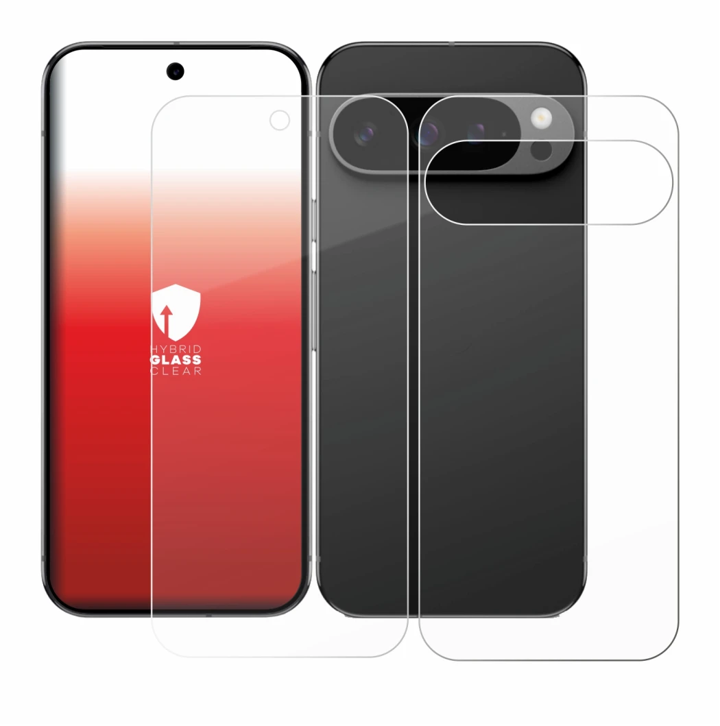 Imagen del dispositivo Google Pixel 9 Pro (Frontal+Trasero) con una amplia variedad de protectores de pantalla.