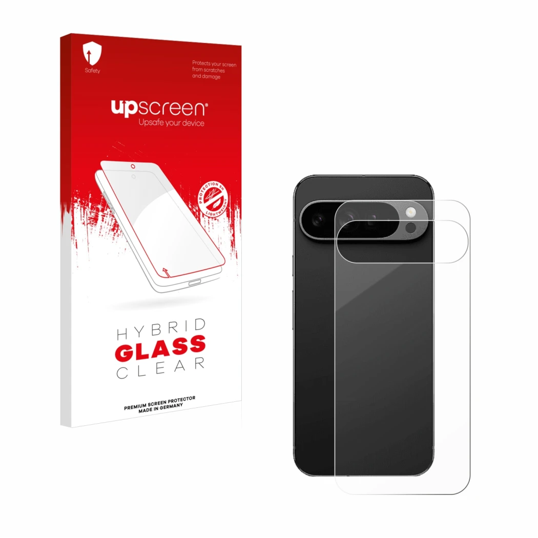 Parte frontal de un envase de producto con el logotipo de la marca upscreen. Al lado se muestra el dispositivo Google Pixel 9 