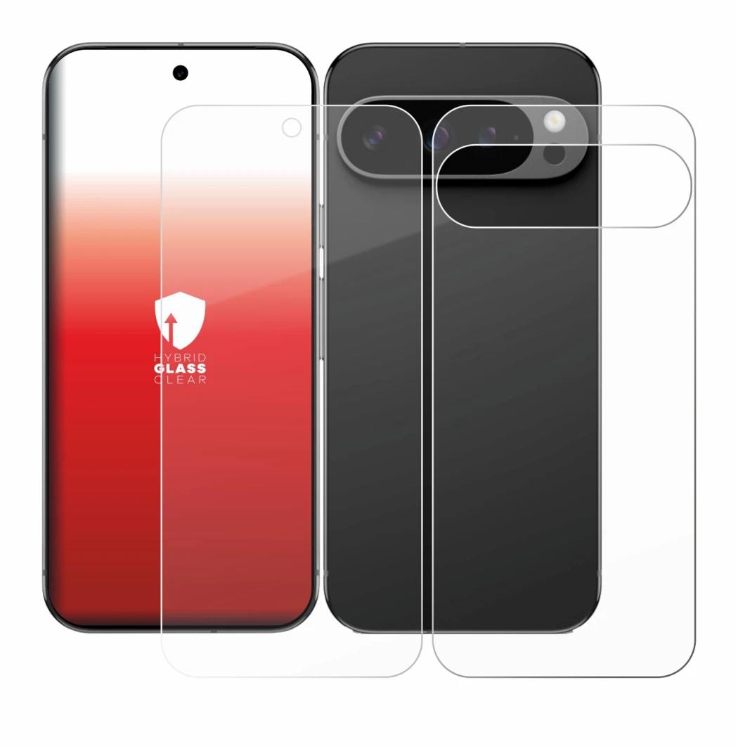 Imagen del dispositivo Google Pixel 9 Pro XL (Frontal+Trasero) con una amplia variedad de protectores de pantalla.