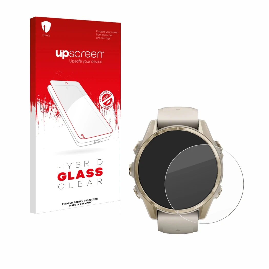 Parte frontal de un envase de producto con el logotipo de la marca upscreen. Al lado se muestra el dispositivo Garmin Fenix 8 