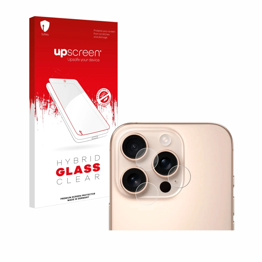 Parte frontal de un envase de producto con el logotipo de la marca upscreen. Al lado se muestra el dispositivo Apple iPhone 16