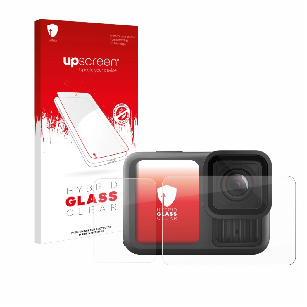 Parte frontal de un envase de producto con el logotipo de la marca upscreen. Al lado se muestra el dispositivo GoPro Hero 13 B