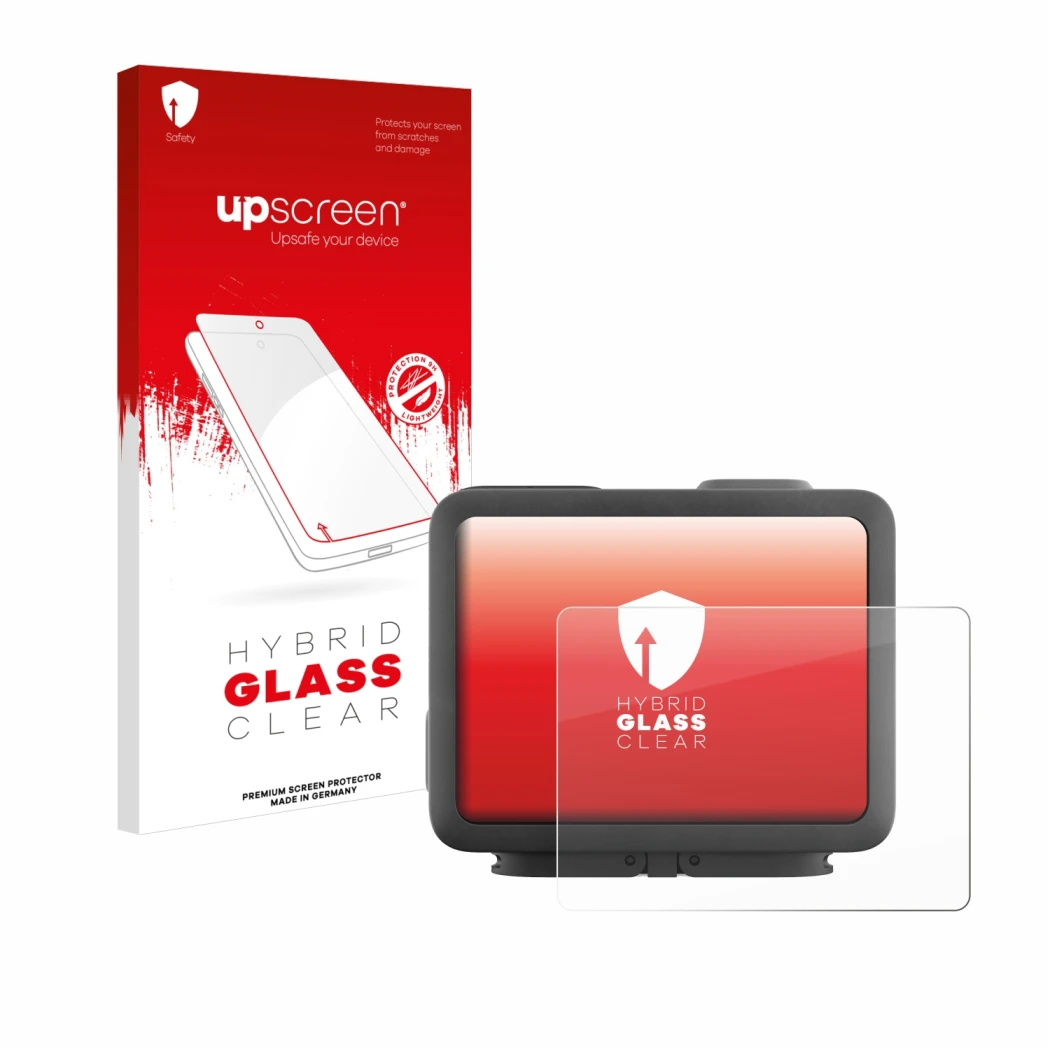 Parte frontal de un envase de producto con el logotipo de la marca upscreen. Al lado se muestra el dispositivo GoPro Hero 4k c