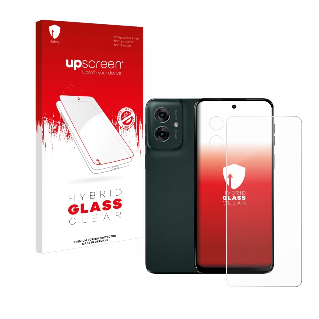 Parte frontal de un envase de producto con el logotipo de la marca upscreen. Al lado se muestra el dispositivo Motorola Moto G