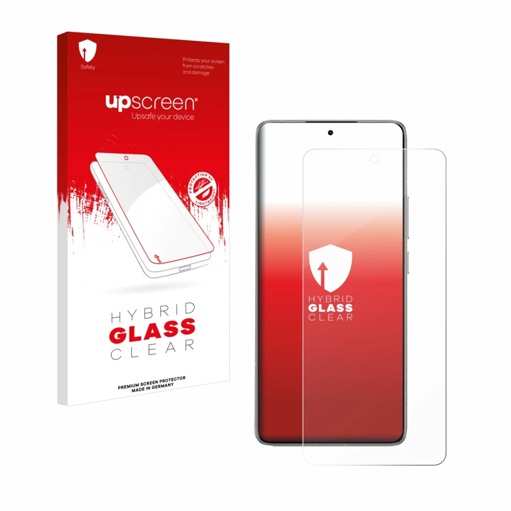Parte frontal de un envase de producto con el logotipo de la marca upscreen. Al lado se muestra el dispositivo Xiaomi 14T Pro 