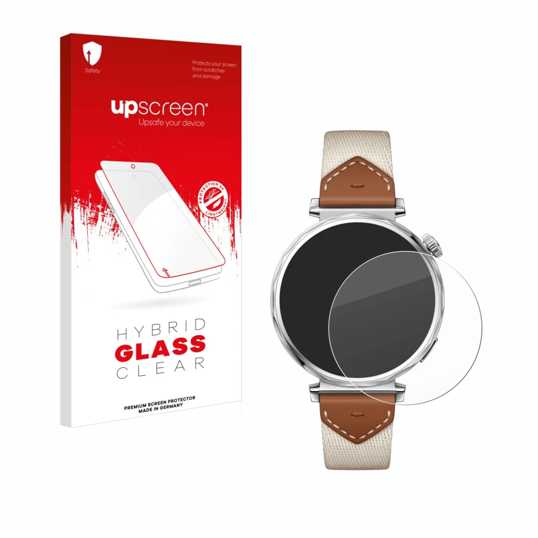 Parte frontal de un envase de producto con el logotipo de la marca upscreen. Al lado se muestra el dispositivo Huawei Watch GT
