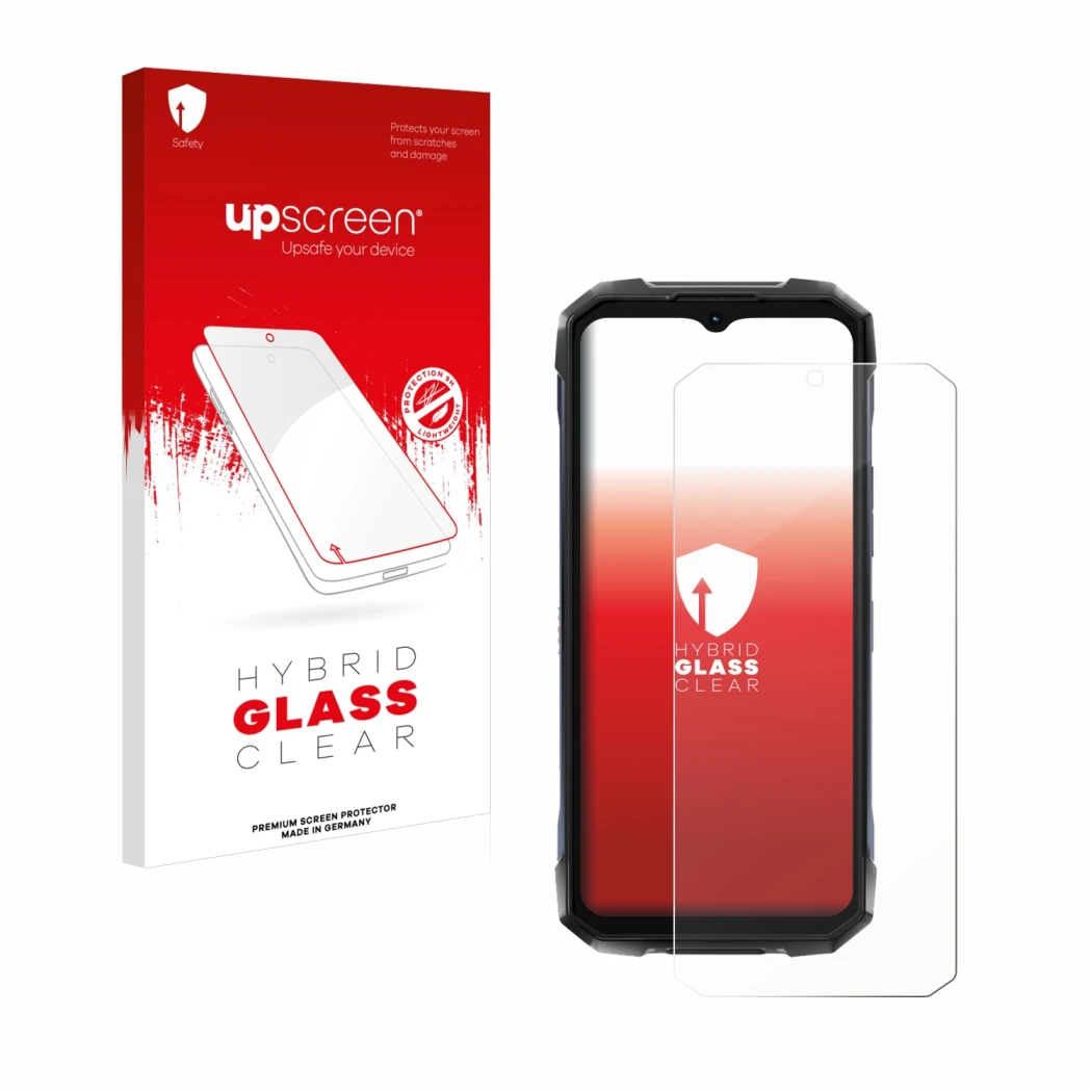 Parte frontal de un envase de producto con el logotipo de la marca upscreen. Al lado se muestra el dispositivo Hotwav Hyper 7 