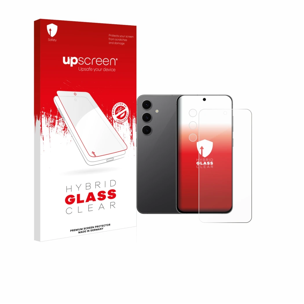 Parte frontal de un envase de producto con el logotipo de la marca upscreen. Al lado se muestra el dispositivo Samsung Galaxy 