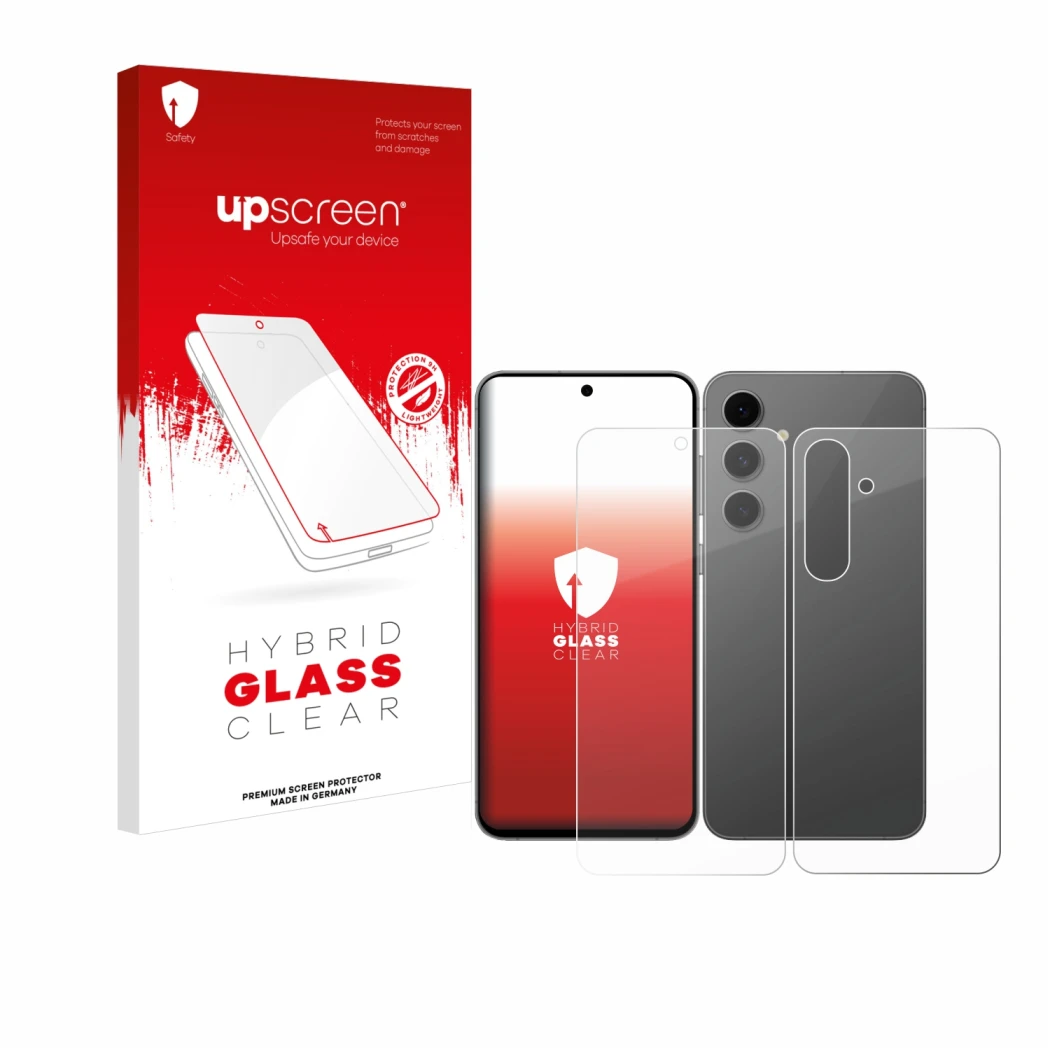 Parte frontal de un envase de producto con el logotipo de la marca upscreen. Al lado se muestra el dispositivo Samsung Galaxy 