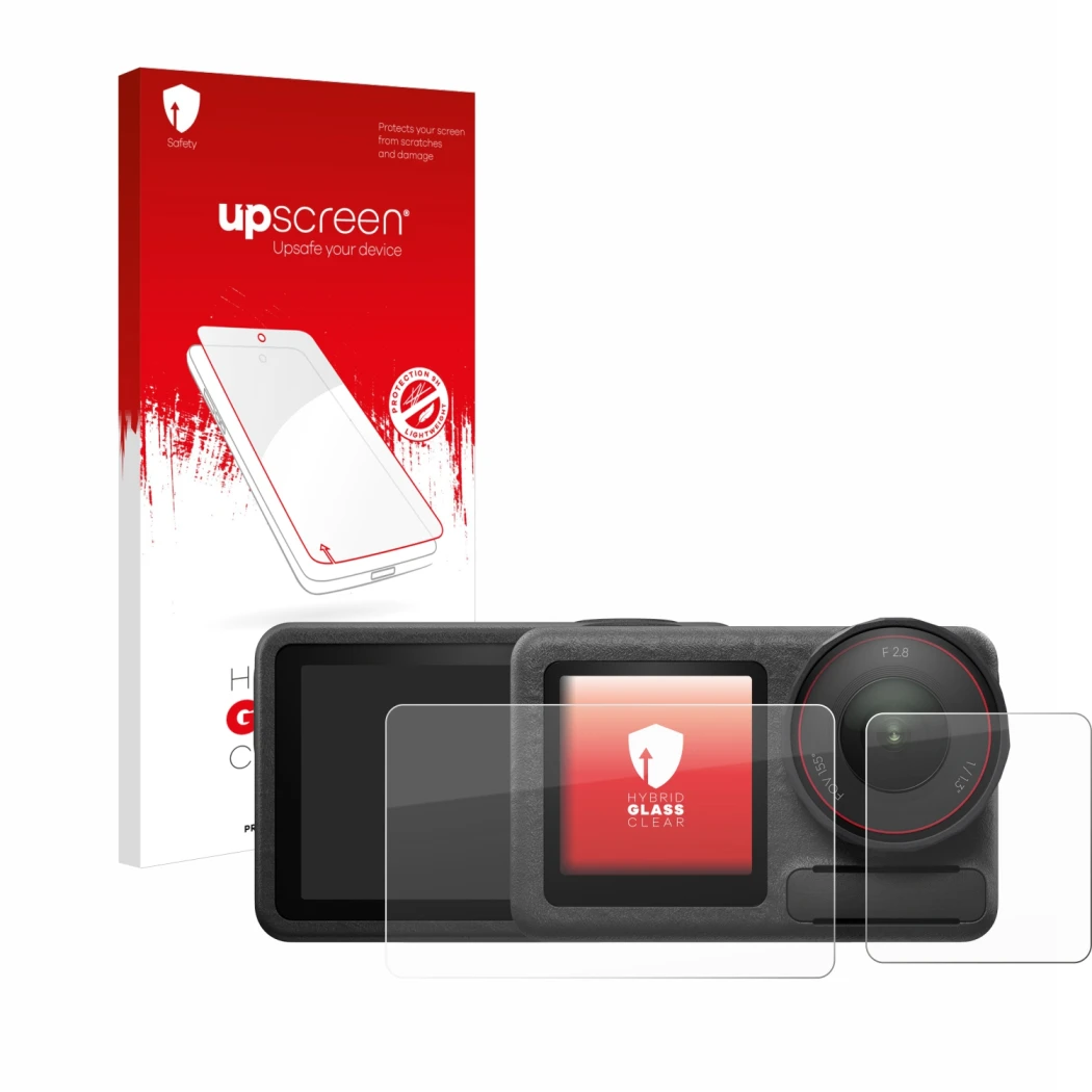 Parte frontal de un envase de producto con el logotipo de la marca upscreen. Al lado se muestra el dispositivo DJI Osmo Action