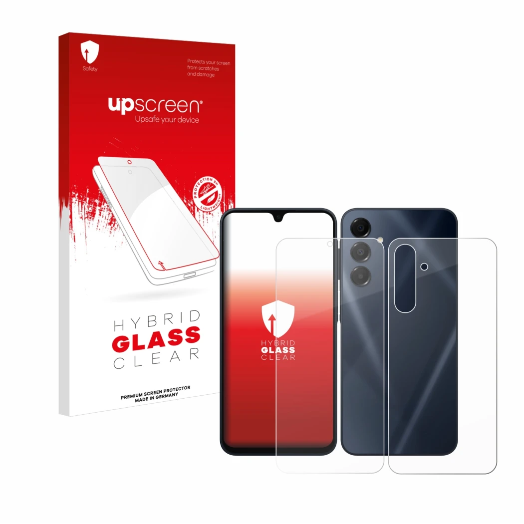 Parte frontal de un envase de producto con el logotipo de la marca upscreen. Al lado se muestra el dispositivo Samsung Galaxy 