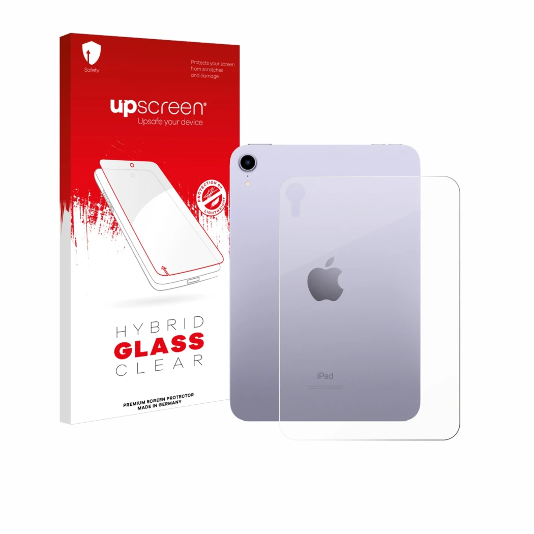 Parte frontal de un envase de producto con el logotipo de la marca upscreen. Al lado se muestra el dispositivo Apple iPad Mini