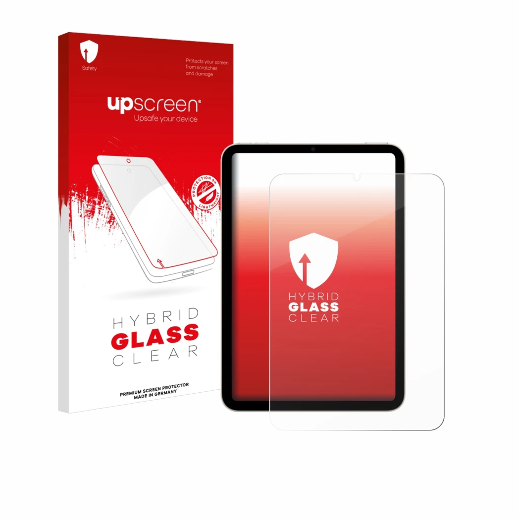 Parte frontal de un envase de producto con el logotipo de la marca upscreen. Al lado se muestra el dispositivo Apple iPad Mini