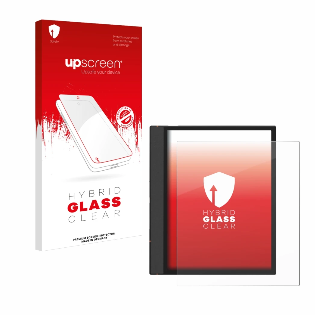 Parte frontal de un envase de producto con el logotipo de la marca upscreen. Al lado se muestra el dispositivo Boox Note Air 4