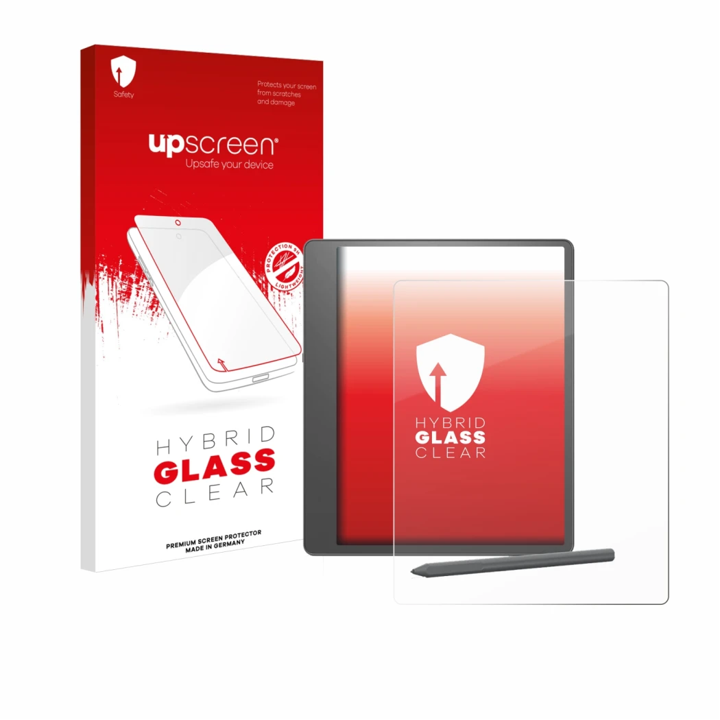 Parte frontal de un envase de producto con el logotipo de la marca upscreen. Al lado se muestra el dispositivo Amazon Kindle S